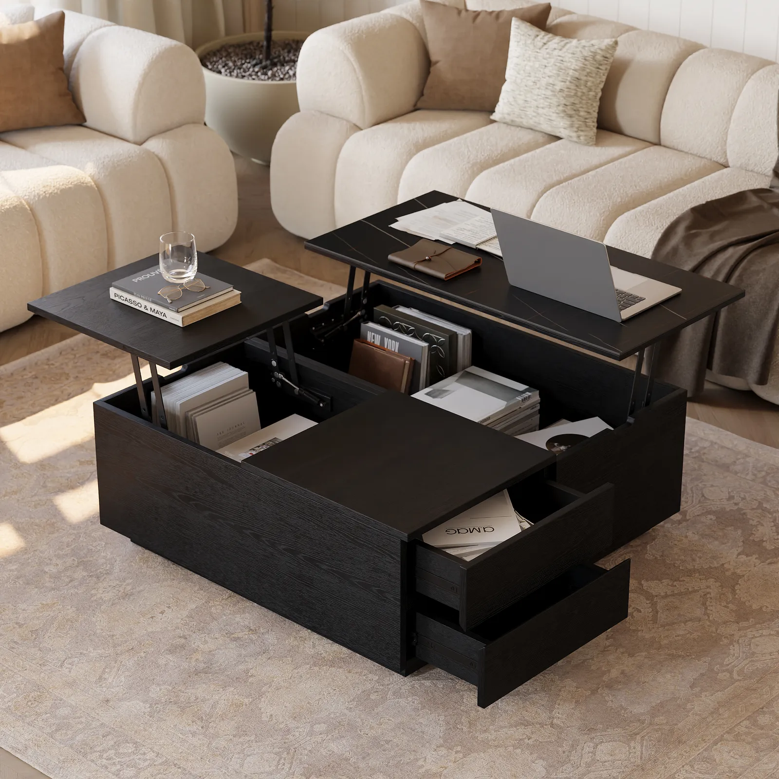 100 cm Square Lift-Top Travertine Veneer Sintered Stone Coffee Table with Storage
