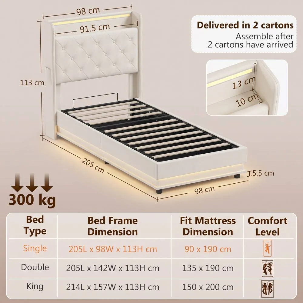 HOMCOM Lift up Storage Bed Frame with RGB LED Lights 90 x 190cm Cream White 3