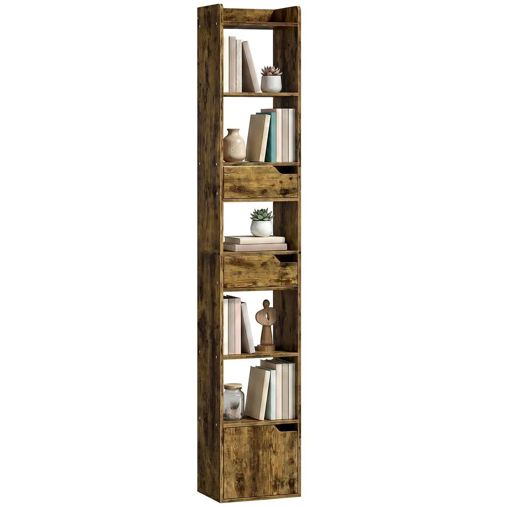 HOMCOM Bookcase Tall Narrow with 5 Tiers Drawers Rustic Brown 2