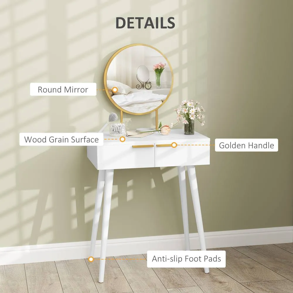 HOMCOM Modern Dressing Table w/ 2 Drawers Round Mirror for Bedroom White 4