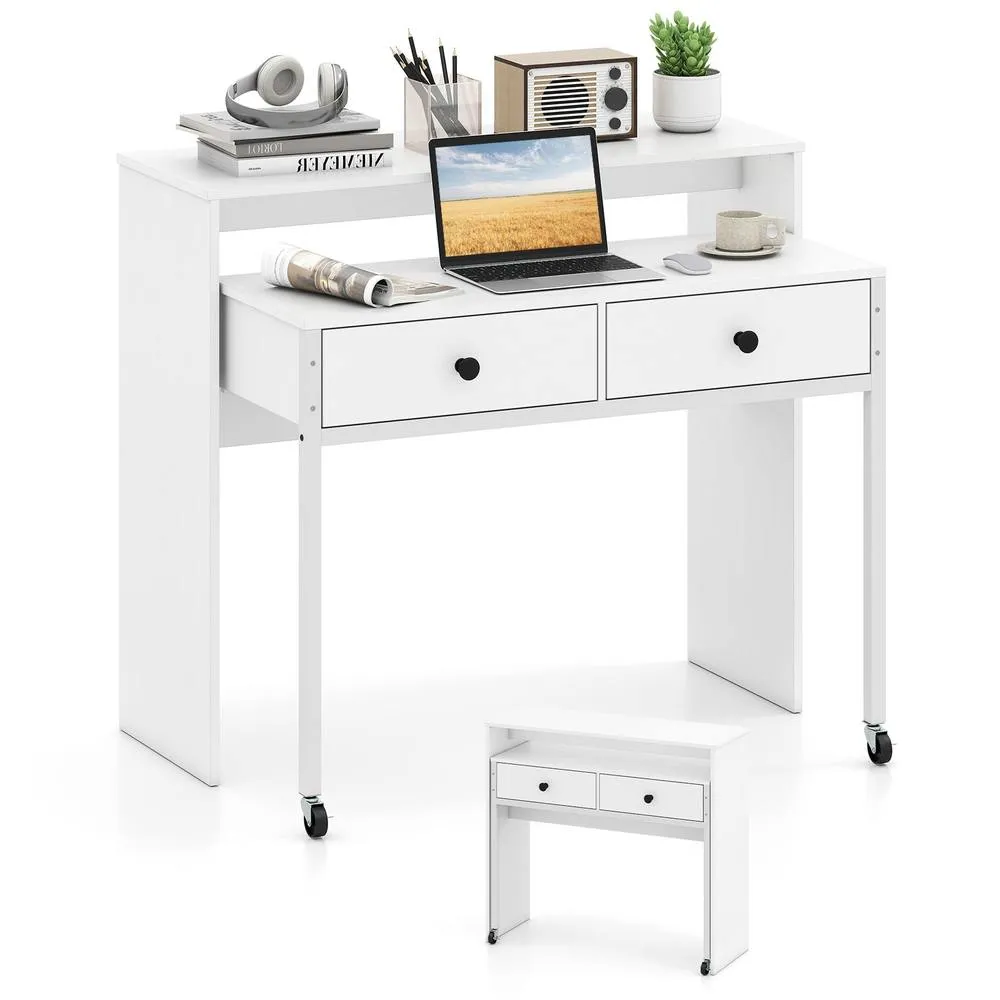 Costway Extendable Computer Desk Convertible Home Office Desk w/ Drawers in White 5