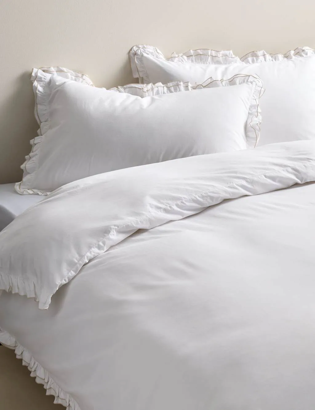 M&S Pure Cotton Contrast Double Ruffle Bedding Set Natural Mix