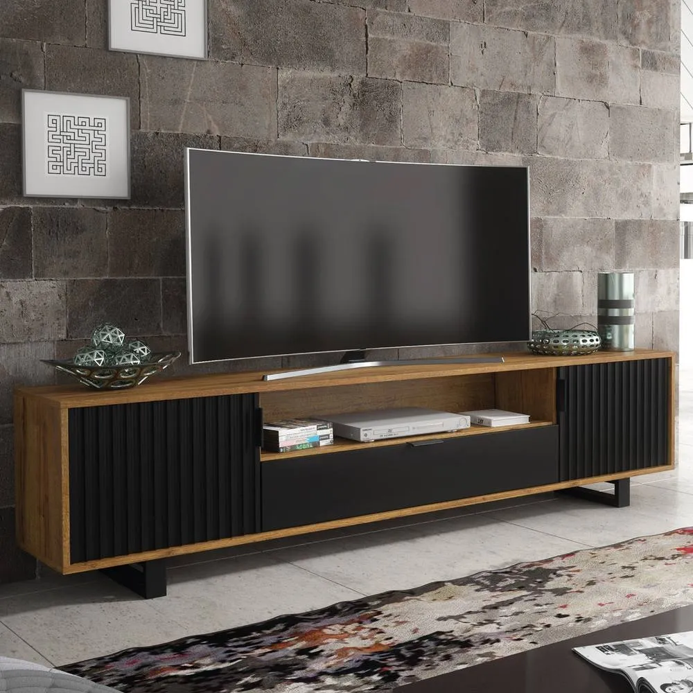 Creative Furniture Blackridge TV Unit 200cm - Dark Oak with Black Fluted Doors & Drawer in Dark Brown