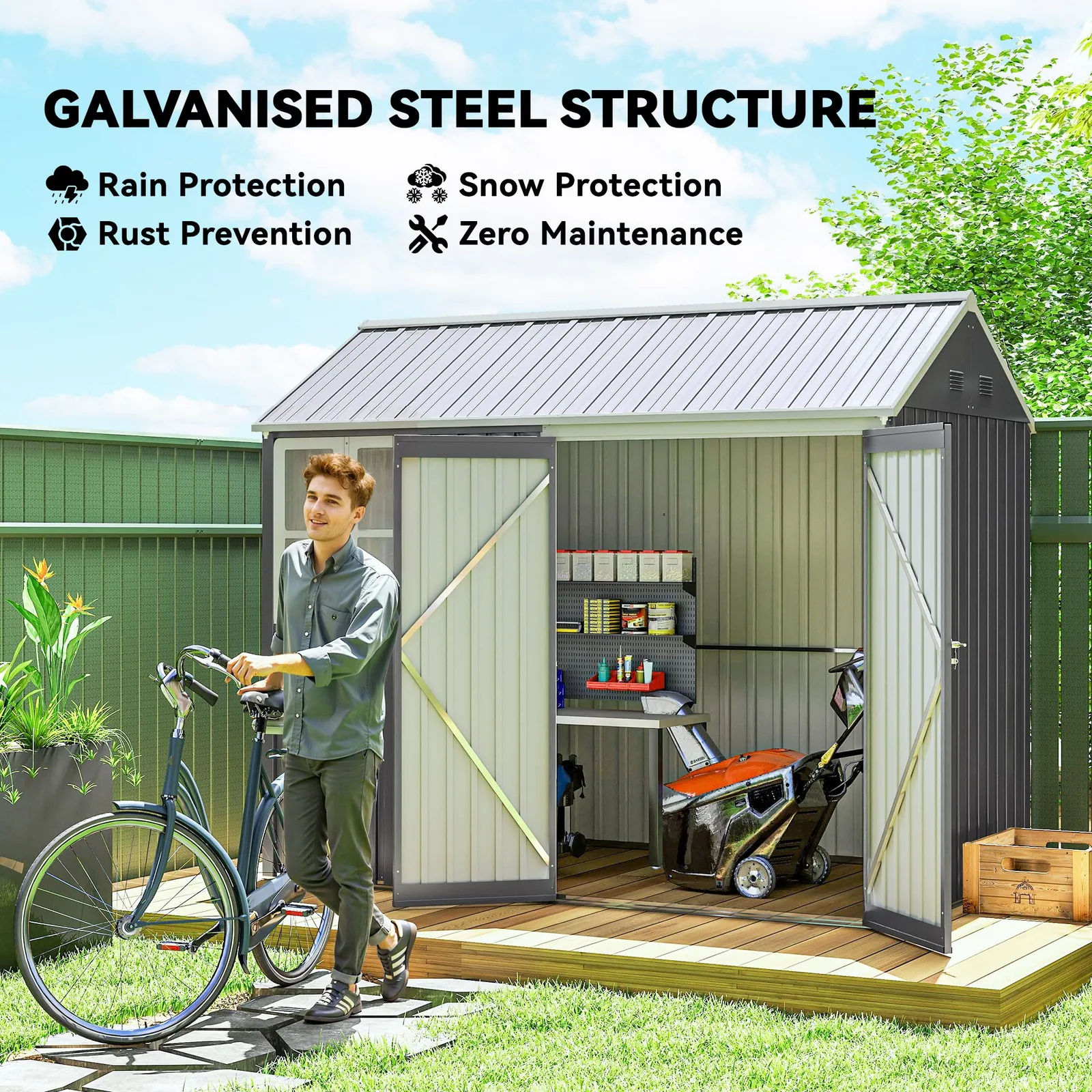 OUTSUNNY 8x6 ft Metal Garden Shed Outdoor Storage Shed with Doors Window Sloped Roof, Grey 4