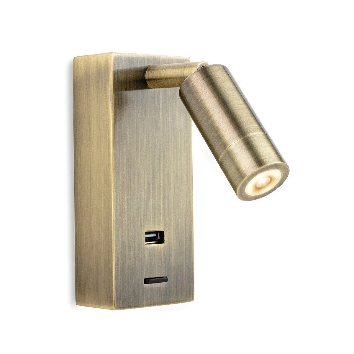 Netlighting Clifton LED Wall Reading Light & USB Port Antique Brass in Gold
