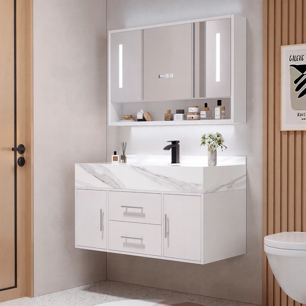100 cm White Floating Bathroom Vanity Set with LED Mirror Cabinet