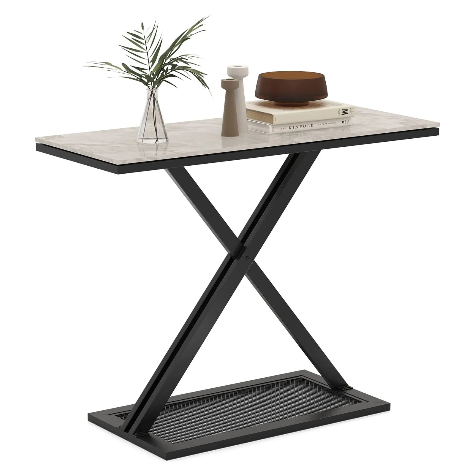 Costway Faux Marble Top Console Table Metal Frame Entryway Table in White
