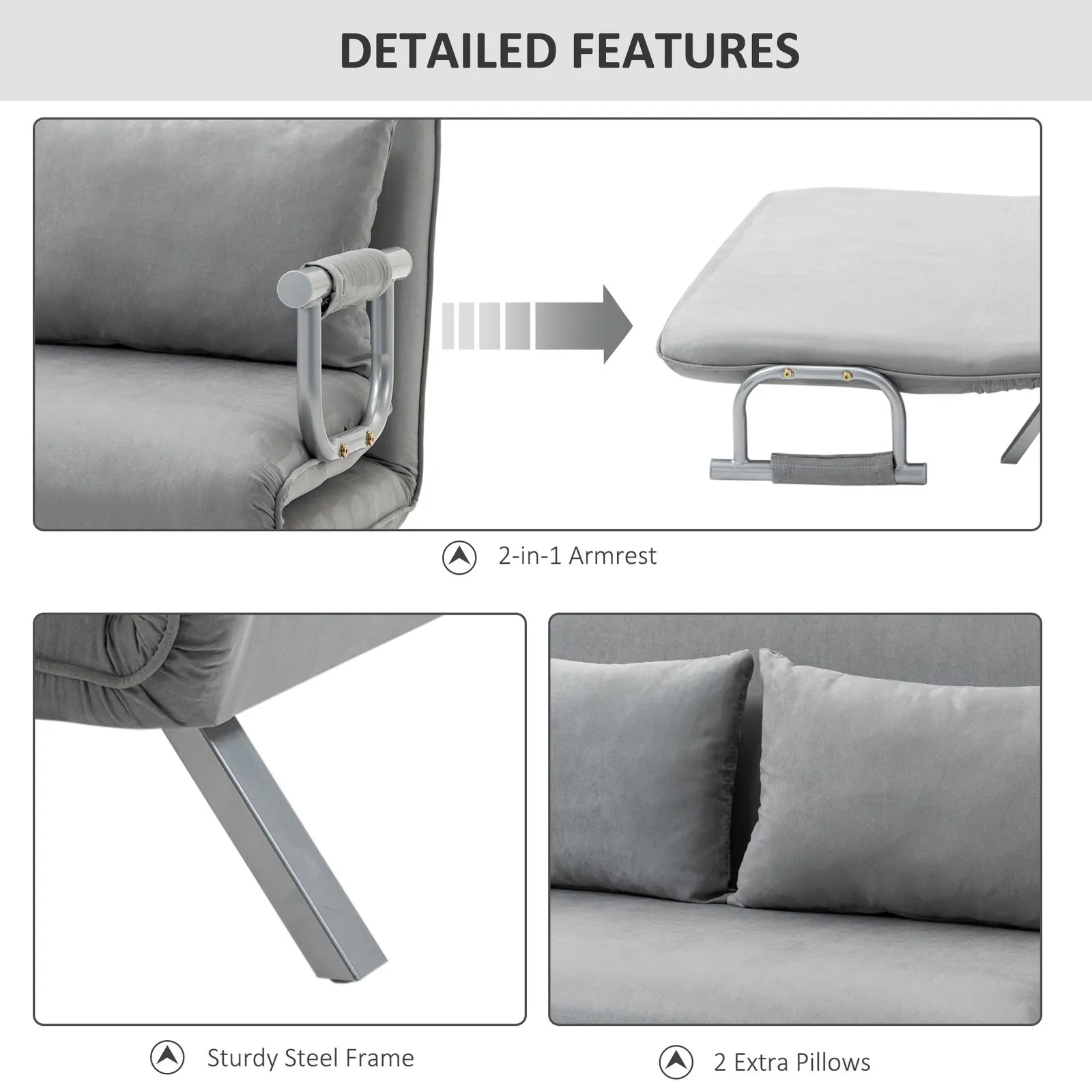 HOMCOM Fabric Sofa, Convertible 2 Seater Sofa Bed w/ Pillows, Light Grey 6