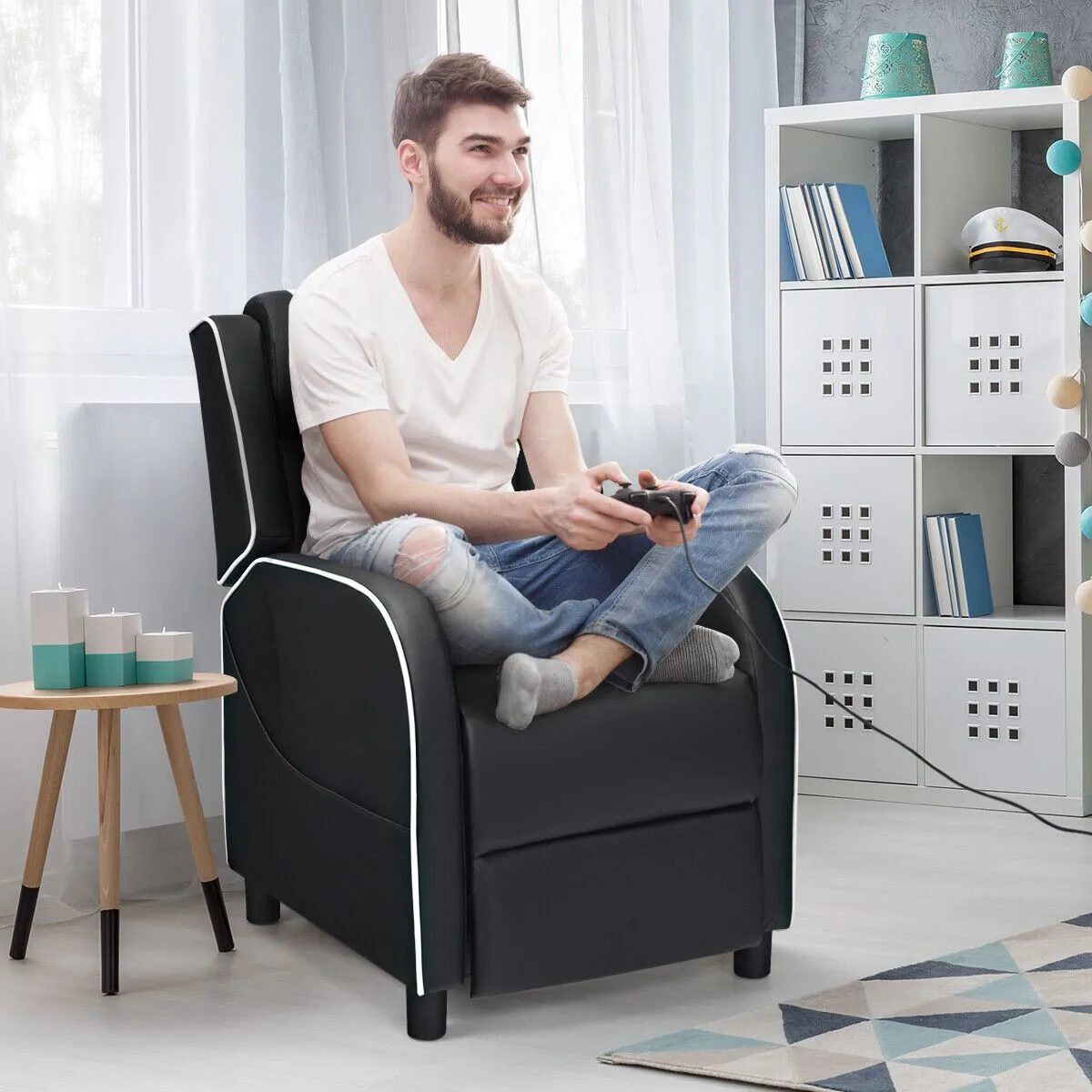 Costway Gaming Recliner Chair PU Leather Single Recliner Sofa Adjustable w/ Footrest in White 6