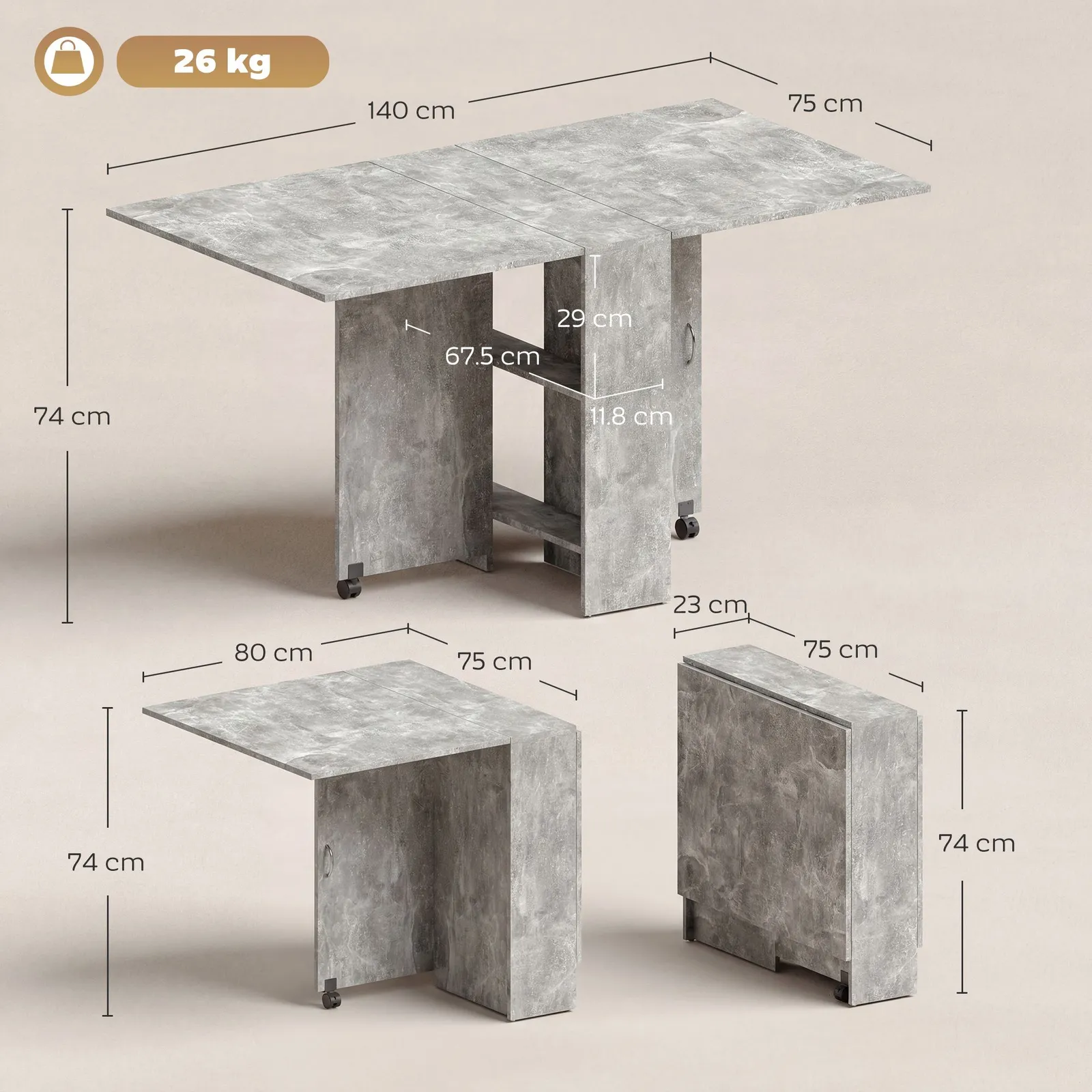 HOMCOM 80-140 cm Folding Dining Table for 4-6 Drop Leaf Table in Grey 3