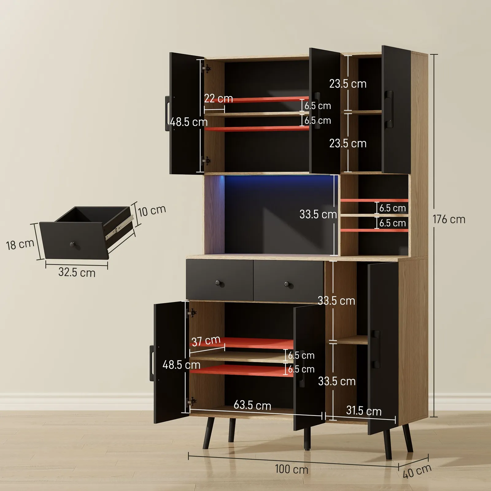 HOMCOM Tall Kitchen Cupboard with LED Lights & Adjustable Shelves, Oak in Black 3
