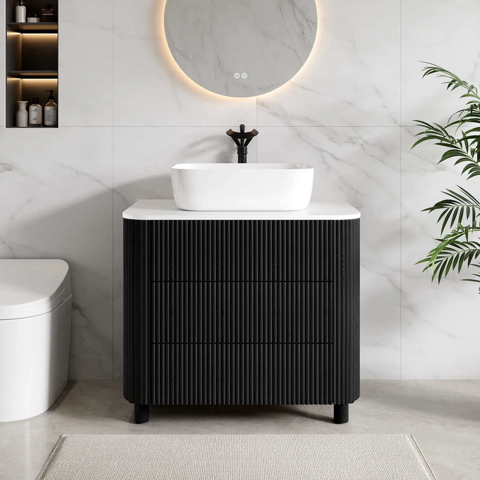 80cm Fluted Freestanding Bathroom Vanity with Vessel Sink, 3-Drawers, Sintered Stone top
