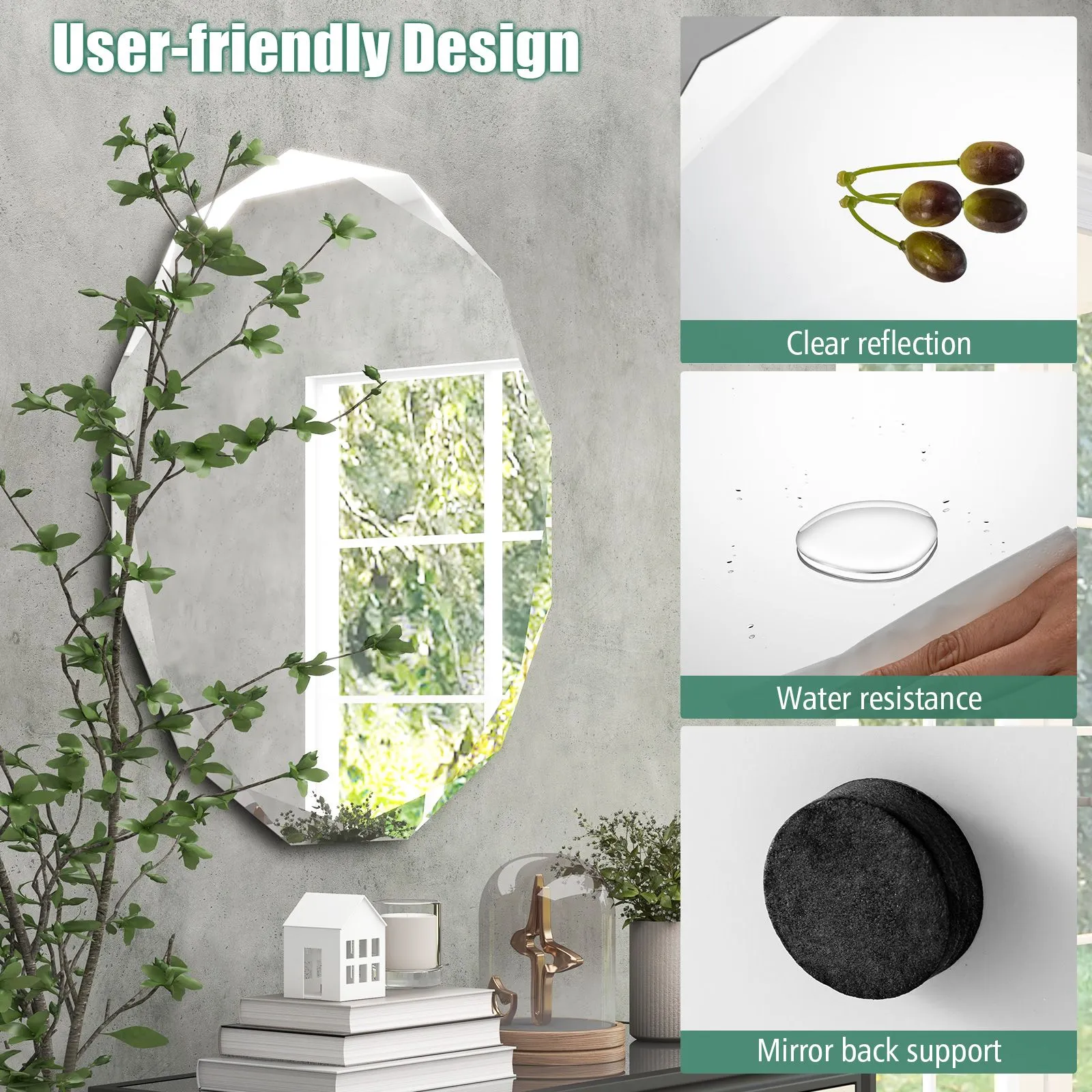 Costway Wall Mounted Silver Polished Mirror Frameless Bathroom Vanity Mirror Makeup Mirror in Clear 3