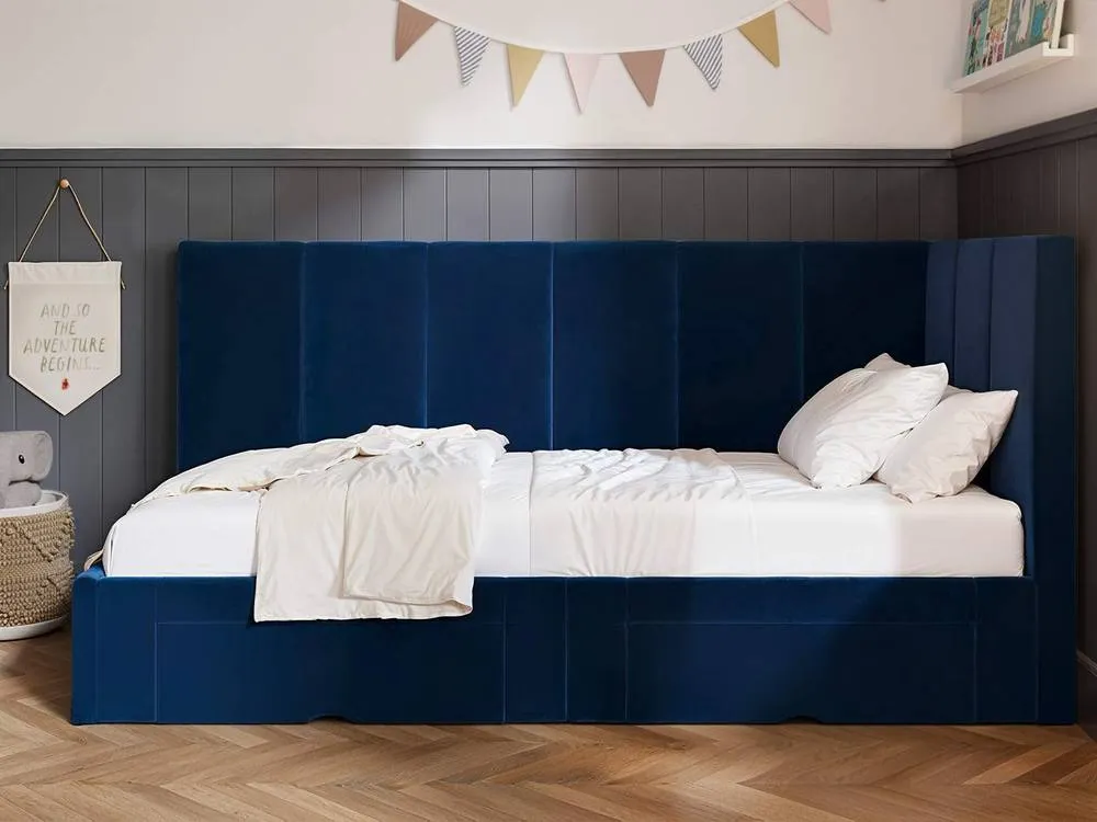 Flair Harley Corner Fabric Bed Frame with Storage Drawers in Blue 3
