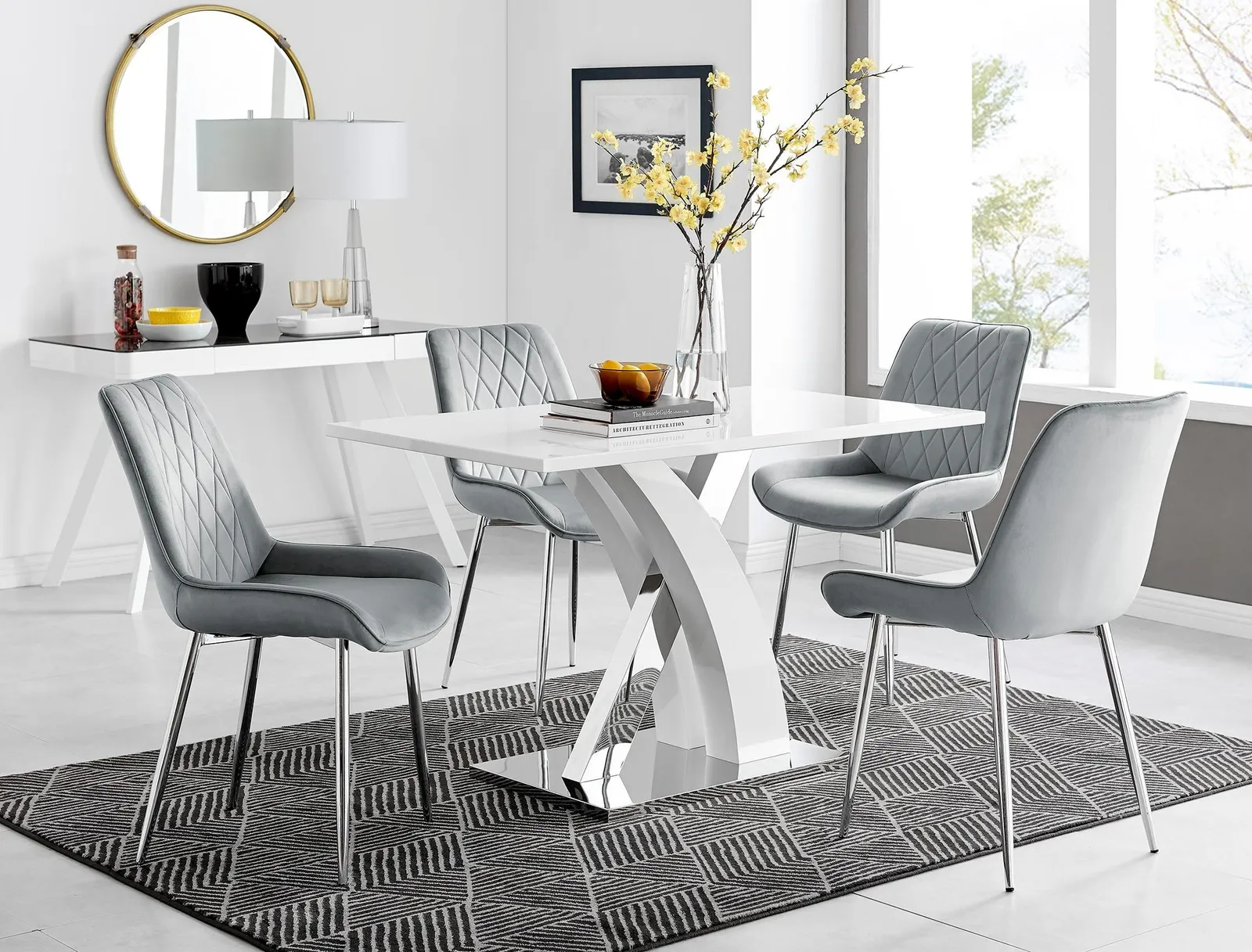 FurnitureboxUK Atlanta White High Gloss & Chrome 4 Seater Dining Table with X Shaped Legs & 4 Soft Velvet Pesaro Chairs in Grey