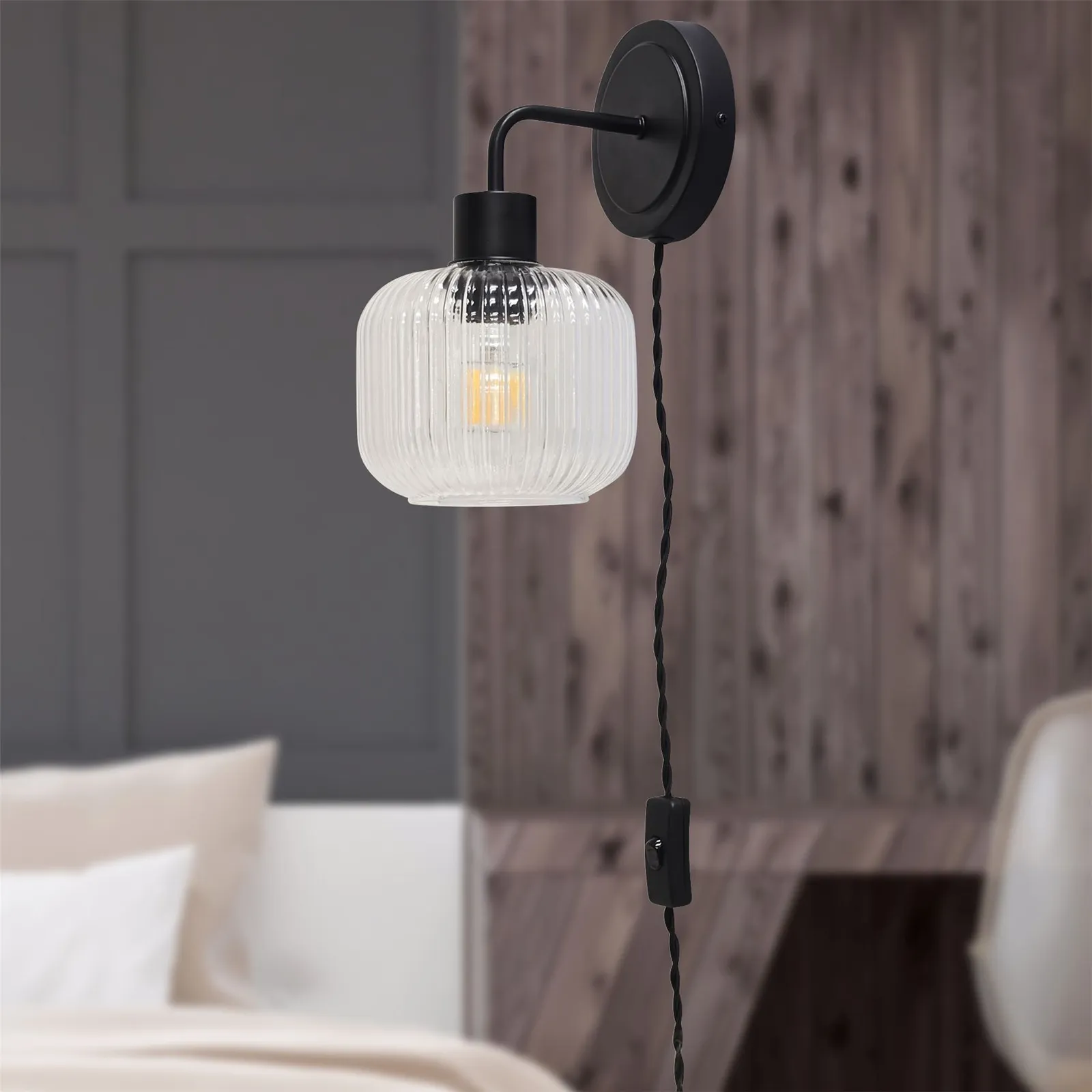First Choice Lighting Toby - Black Plug in Wall Light with Batley Ribbed Glass Shade 3