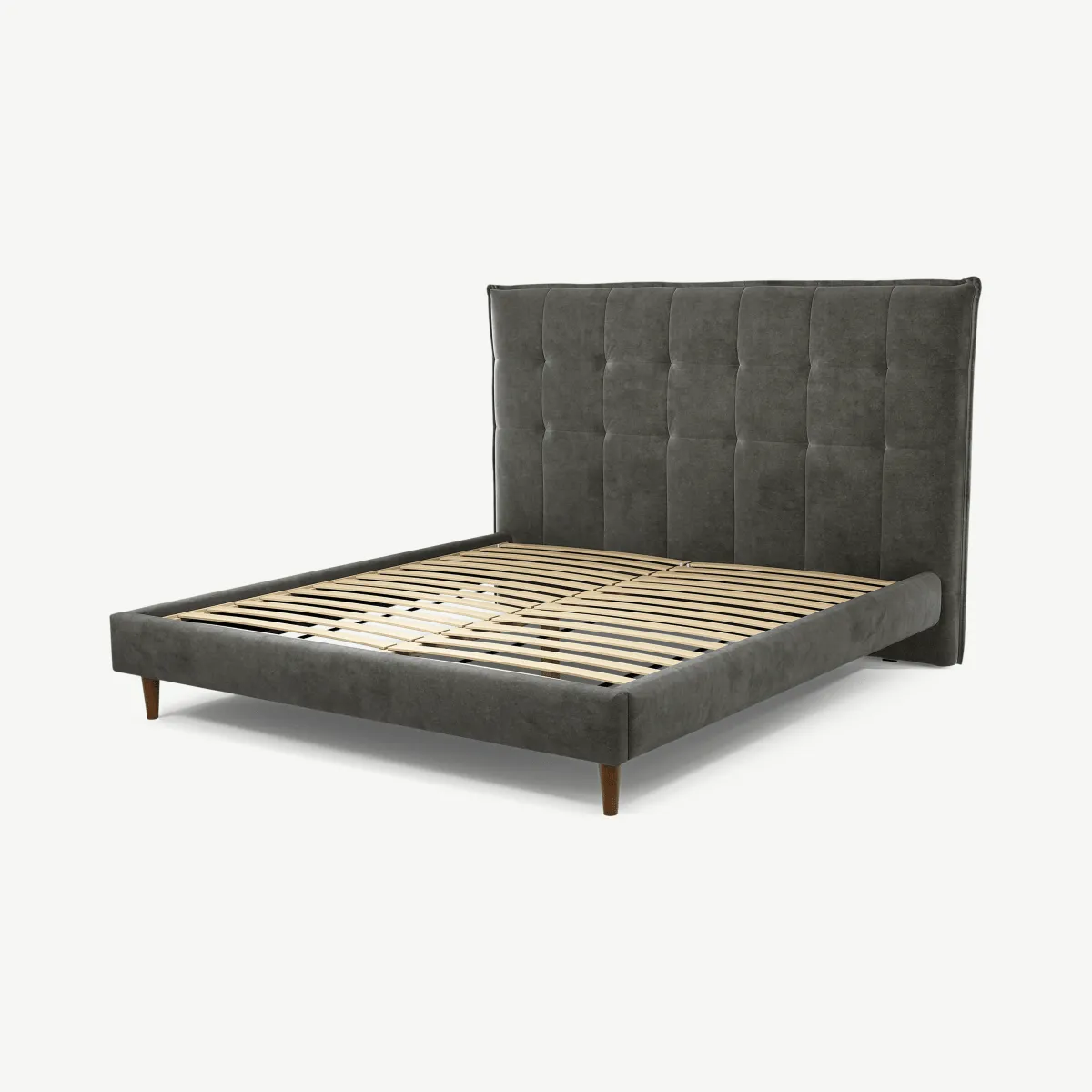 Lamas Super King Size Bed, Steel Grey Velvet with Walnut Stain Oak Legs