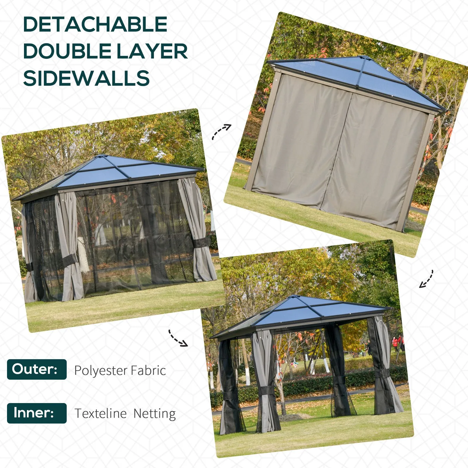 OUTSUNNY Hardtop Gazebo Canopy with Mosquito Netting & Curtains in Grey 6