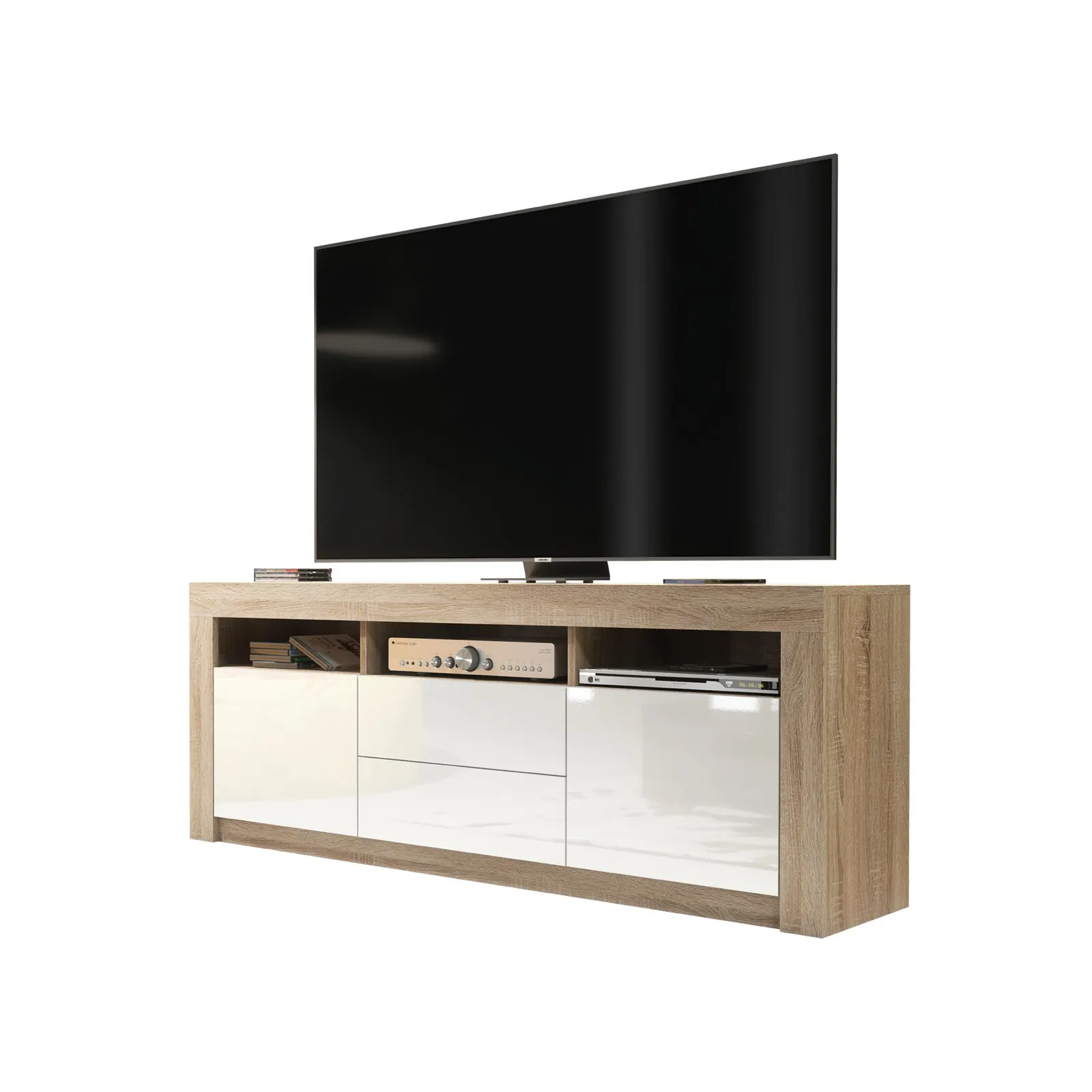 Creative Furniture TV Unit 160cm Modern - Oak with High Gloss White Doors in Light Oak 3