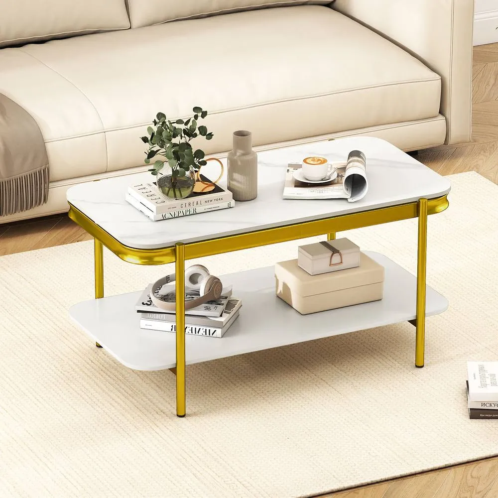 Costway Modern Rectangular Coffee Table 2-Tier Center Table in White 4