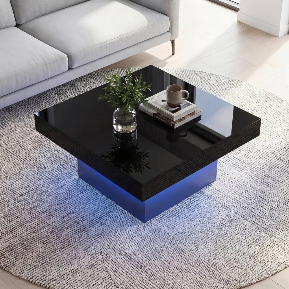 Costway Coffee Table Square Center Table with LED Lights in Black 3