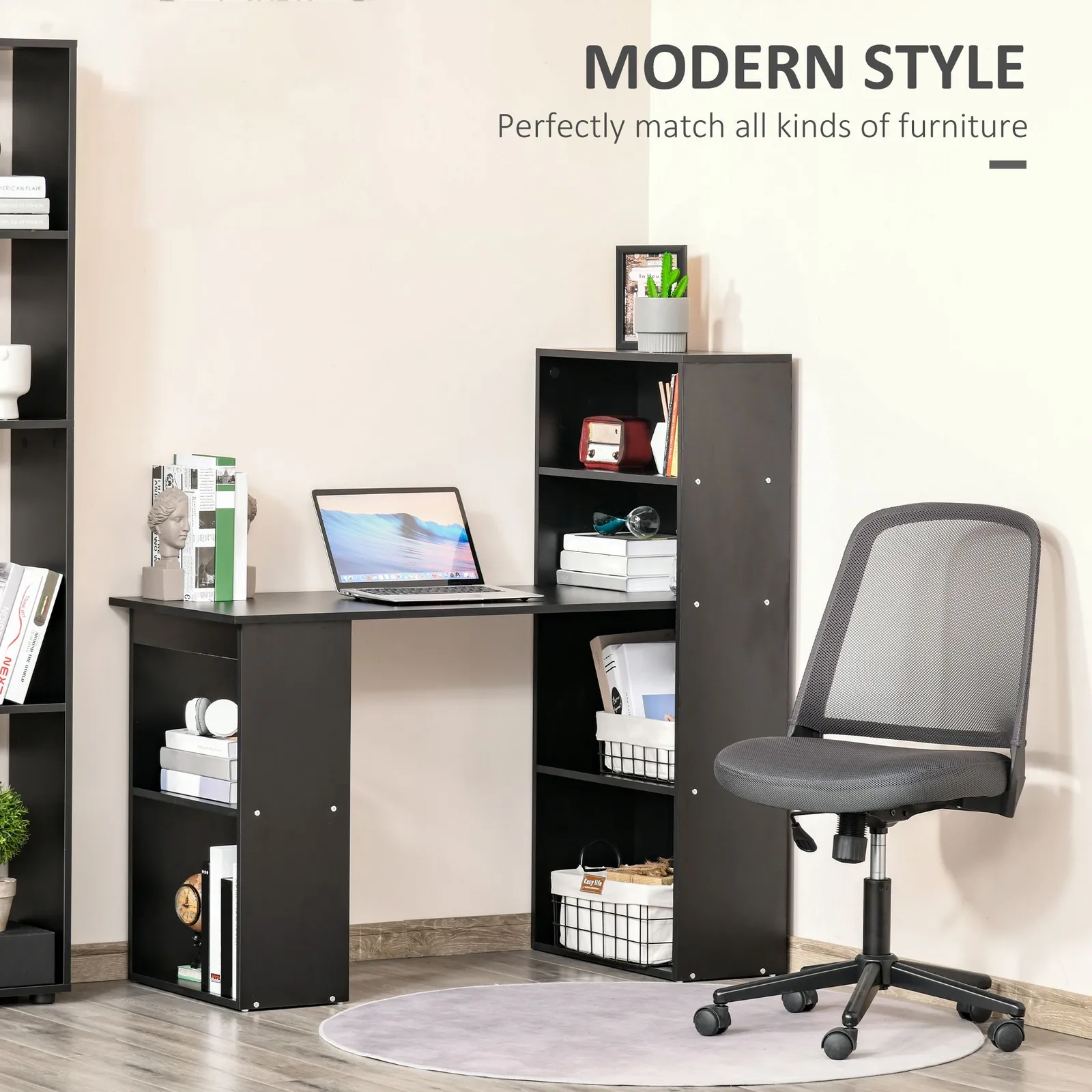 HOMCOM 120cm Modern Computer Desk Bookshelf Writing Table Workstation in Black 4