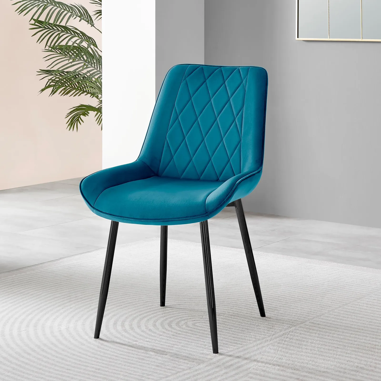 FurnitureboxUK Set of 2 Pesaro Luxury Velvet Dining Chairs With Diamond Stitched Back & Black Metal Legs in Blue 4