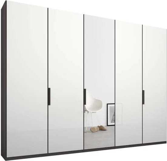 Caren 5 door 250cm Hinged Wardrobe, Graphite Grey Frame, White Glass and Mirror Doors