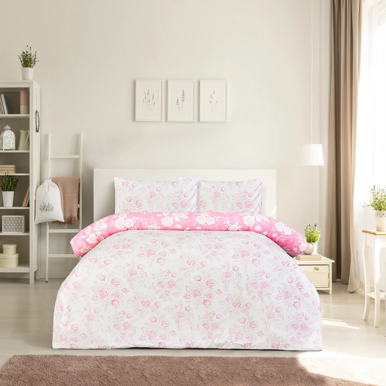 Smart Living Luxury Super Soft Reversible Floral Toile Duvet Cover with Pillowcase in Pink