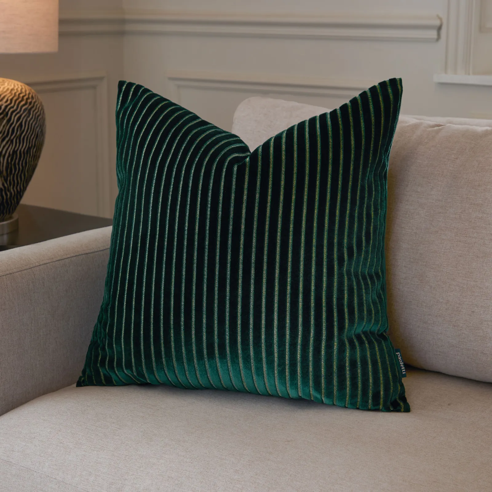 Paoletti Savoy Stripe Velvet Cushion in Emerald 1