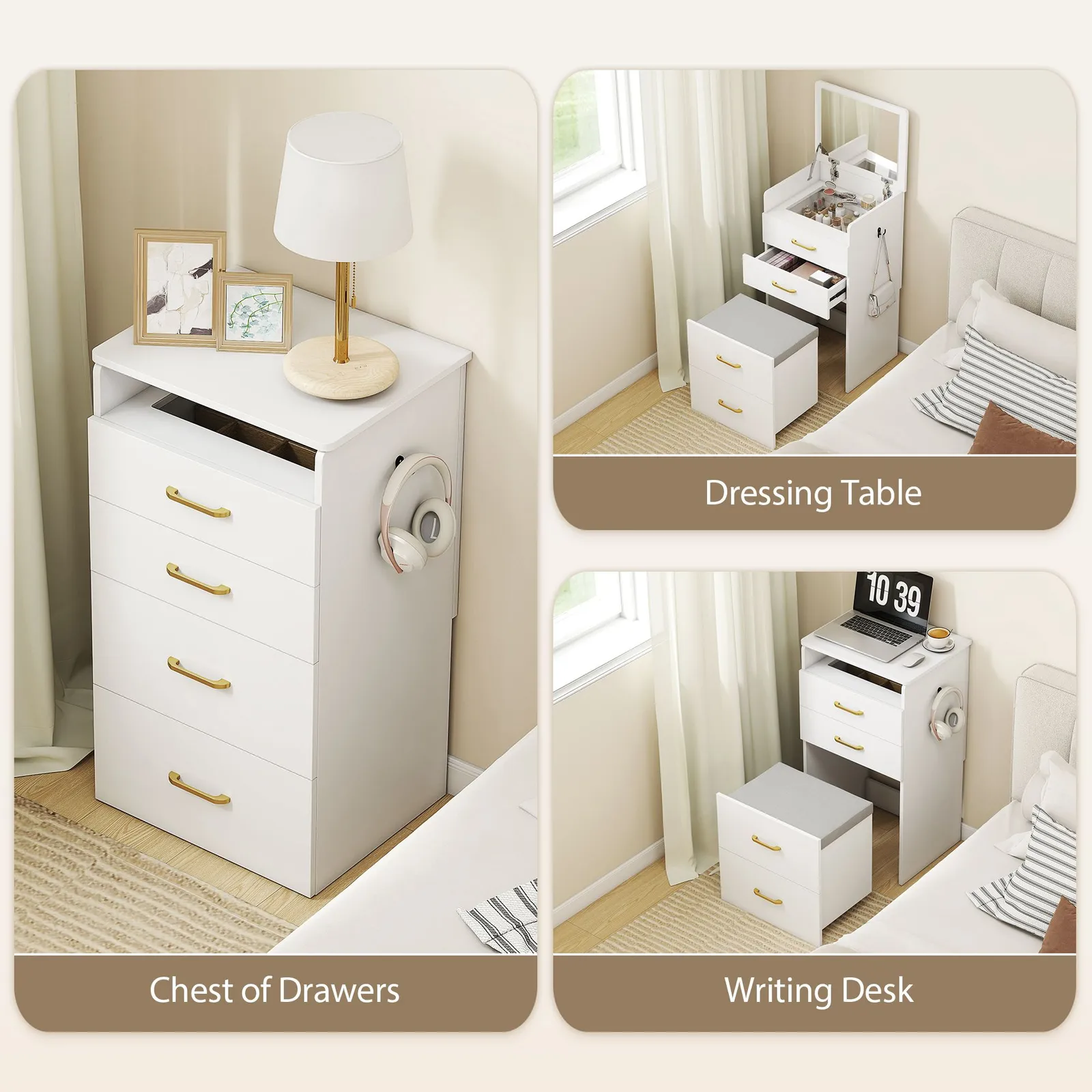 HOMCOM Two-Piece Dressing Table Vanity Desk with Mirror & Cushioned Stool in White 4