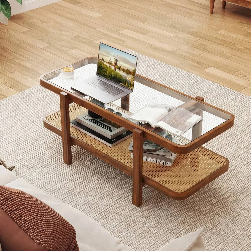 Costway 2-Tier Coffee Table w/ Storage Rectangular Center Table w/Glass Top in Brown 6