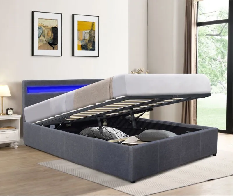 Comfy Living Ltd Fabric Modern Gas Lift Ottoman Bed Frame With LED in Dark Grey 1
