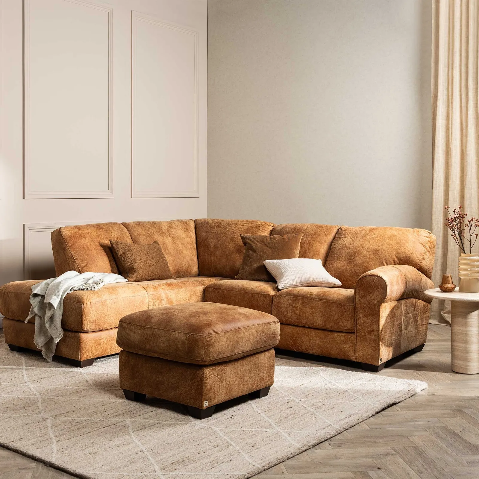 Houston Medium Corner Lhf Chaise & Footstool Sofa, Brown Leather | Barker & Stonehouse 2