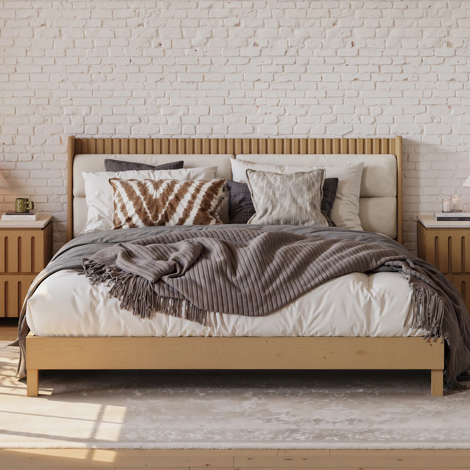 Modern Solid Wood Bed with Boucle Headboard Pillows, 180 x 200 cm