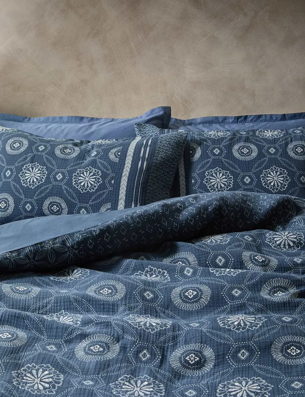 M&S X Fired Earth Pure Cotton Kouya Jacquard Bedding Set Carbon Blue