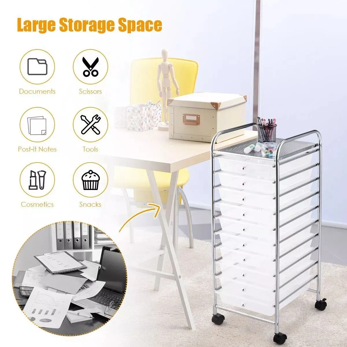 Costway 10 Drawers Storage Trolley Mobile Rolling Utility Cart Home Office Organizer in Clear 3