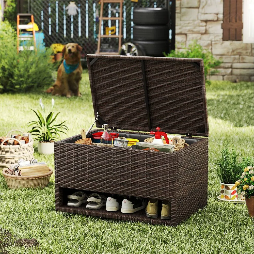 Costway Deck Box 180L PE Rattan Storage Bin with Shoe Rack-Mix Brown