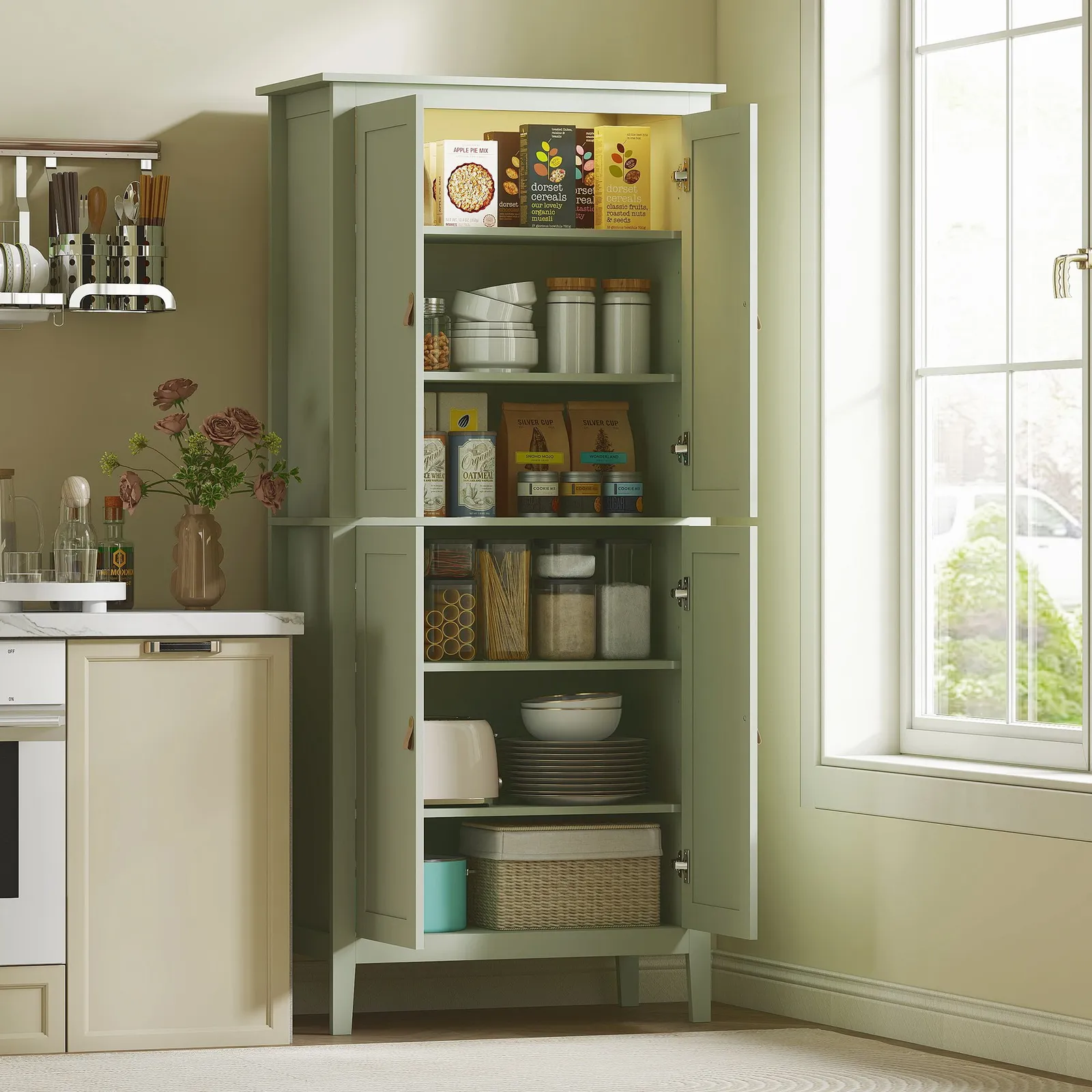 HOMCOM 176.5 cm Tall Freestanding Pantry Storage Cabinet with 4 Doors in Green
