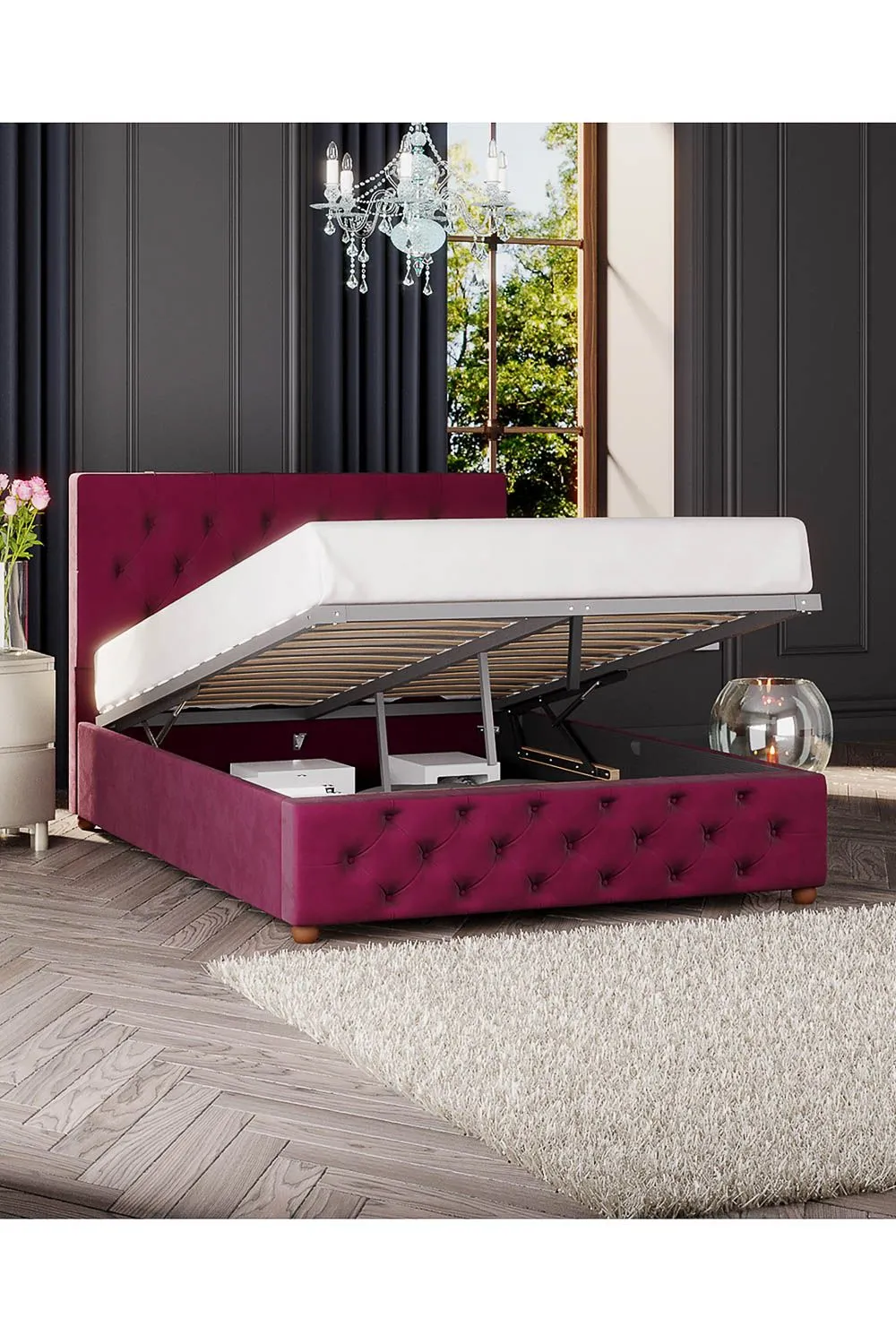 Laurence Llewelyn-Bowen Luna Ottoman Storage Bed in Plush Velvet Fabric, Custom Made in Wine 1