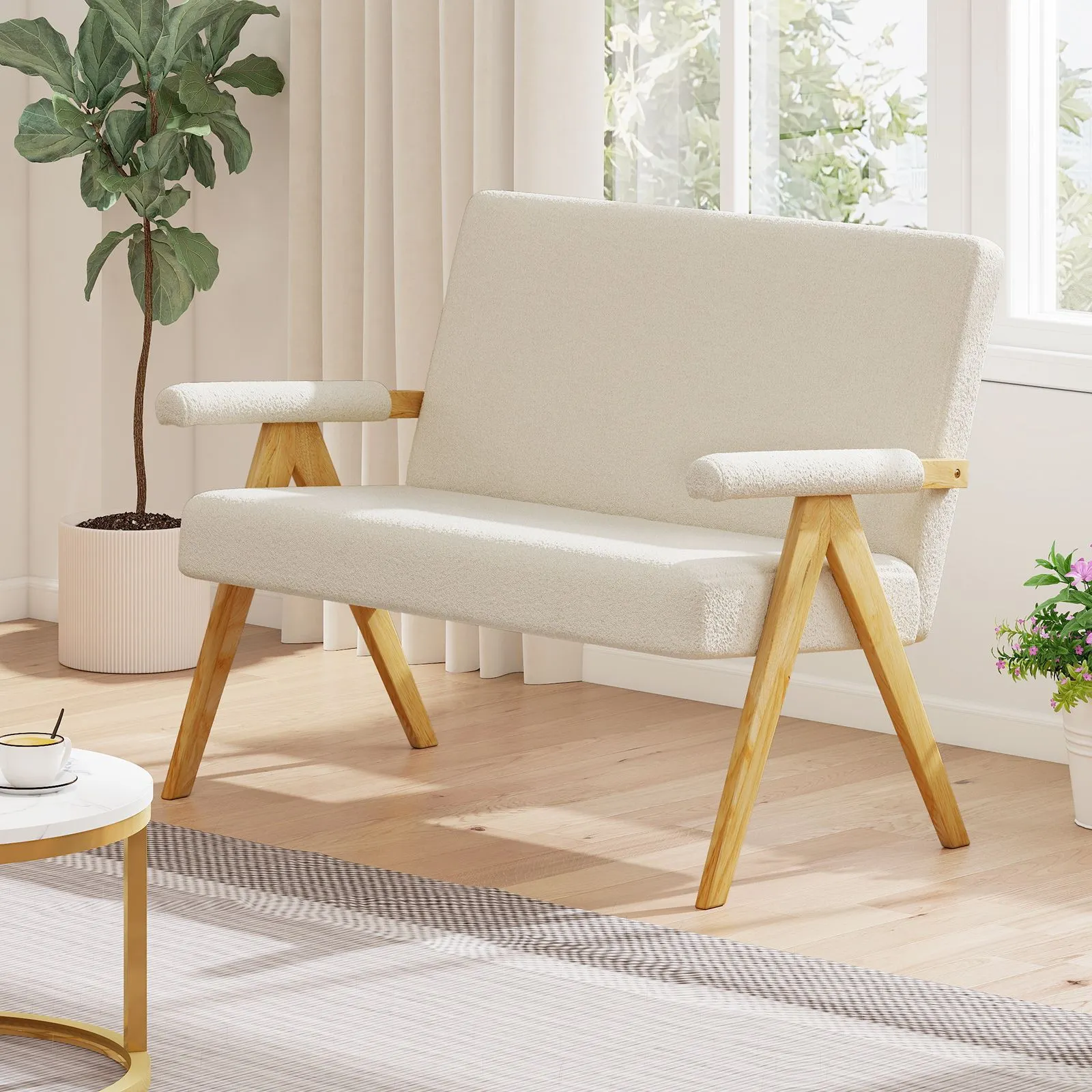 Costway Loveseat Sofa Comfy Upholstered Sherpa Couch with Armrests in White 5