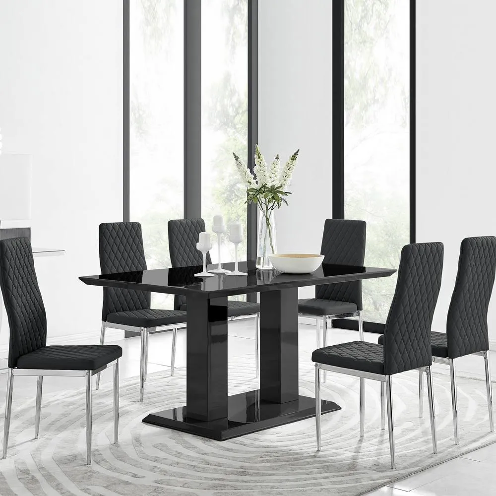 FurnitureboxUK Imperia Black High Gloss Dining Table & 6 Black Milan Dining Chairs