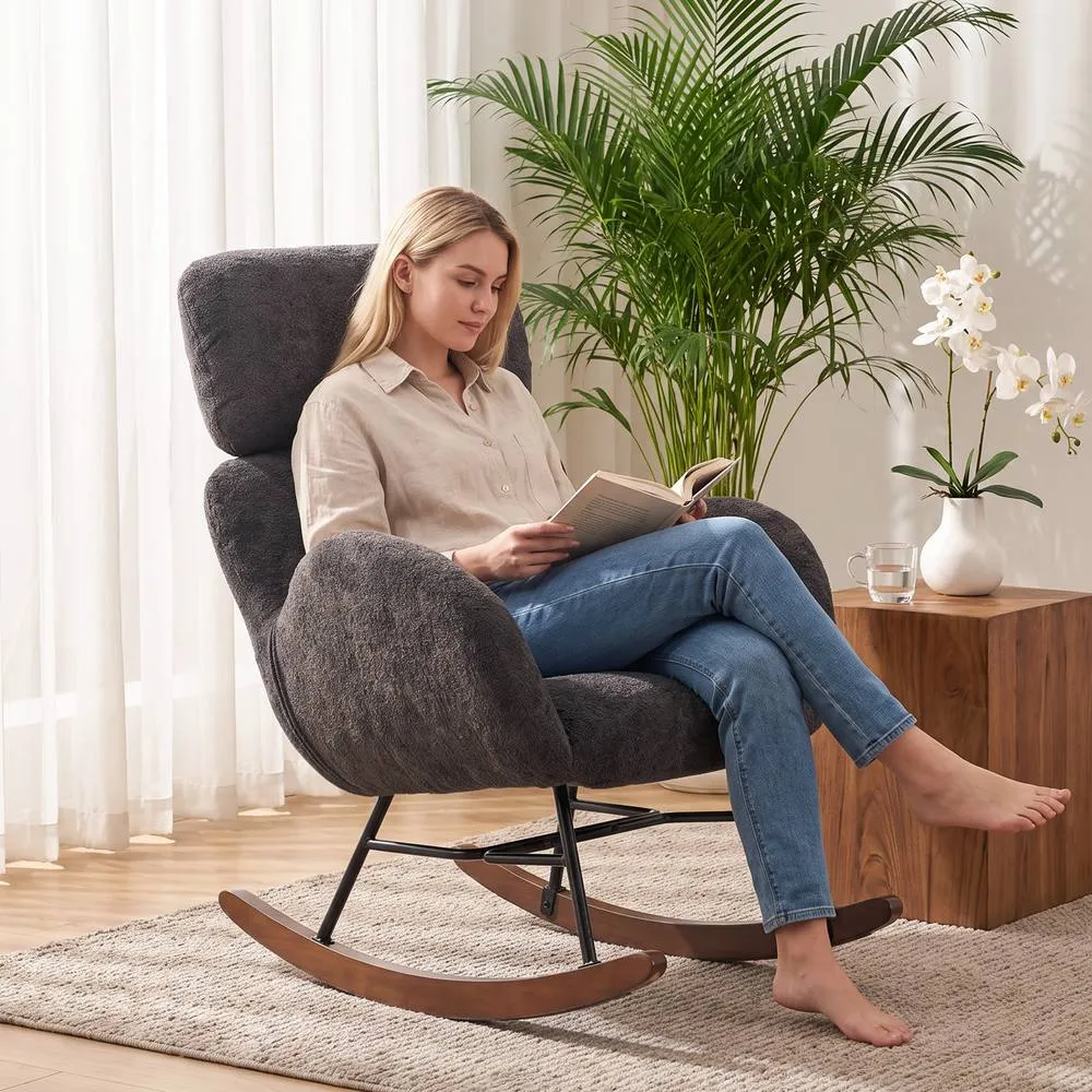 HOMCOM Rocking Chair with Adjustable Headrest Velvet Upholstery Dark Grey 2