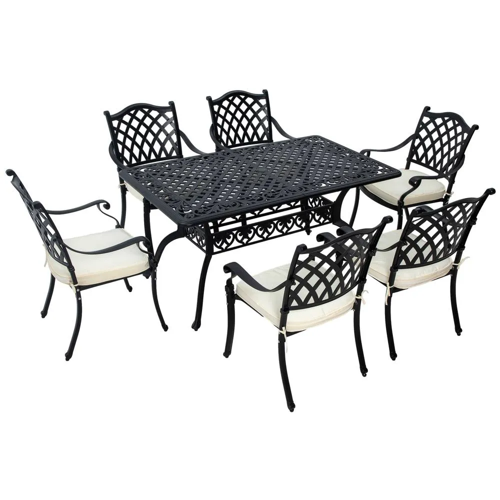 OUTSUNNY 7-PC Cast Aluminum Patio Dining Set w/ Umbrella Hole & Cushion in Black 2