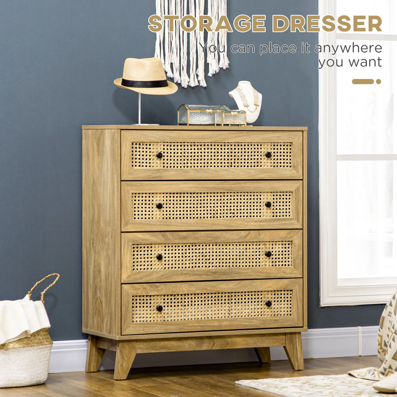 HOMCOM Chest of Drawers, 4 Drawer Unit Storage Organiser with Rattan Element in Light Brown 4