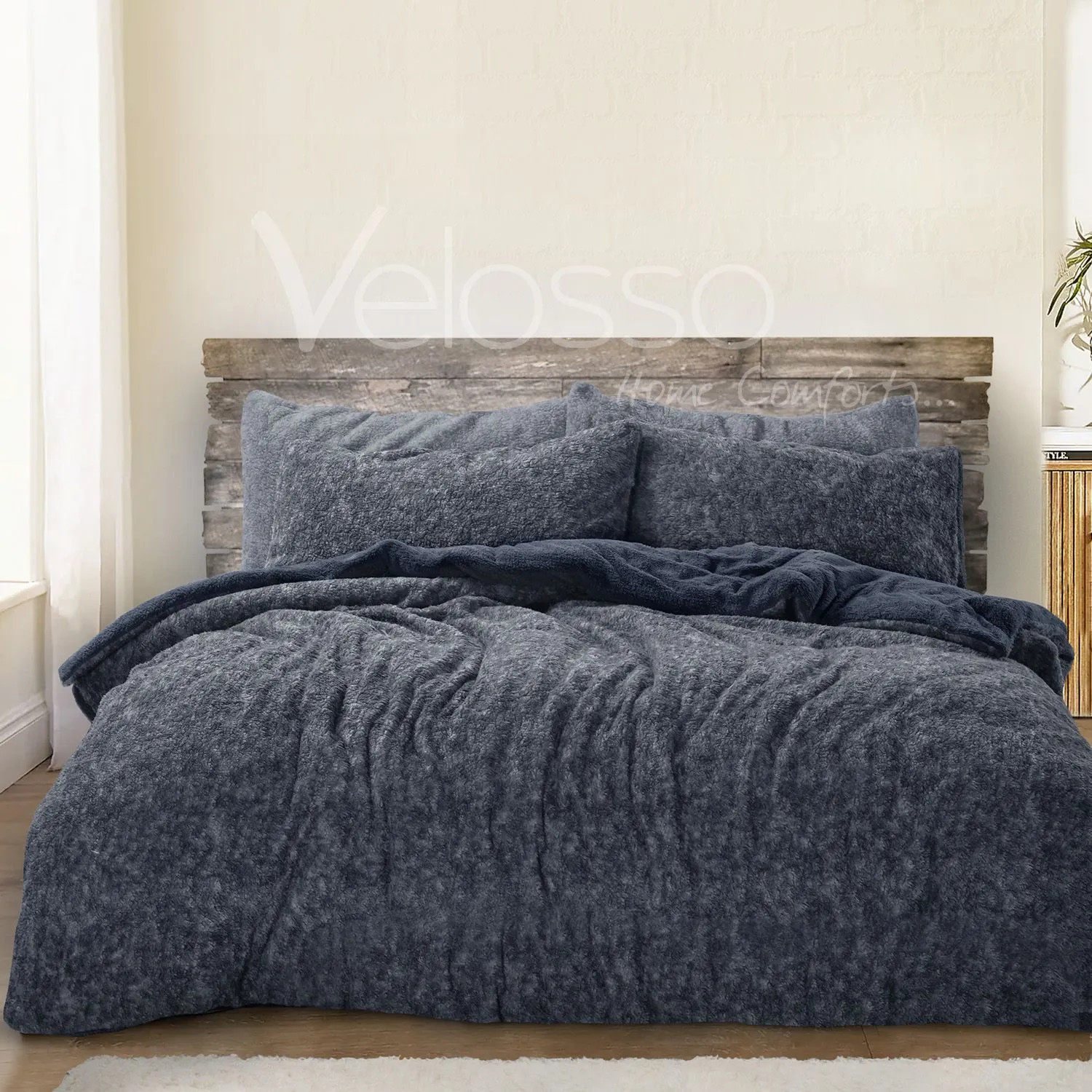 Velosso Teddy Marl Warm & Cosy Duvet Cover & Pillowcase Set in Navy