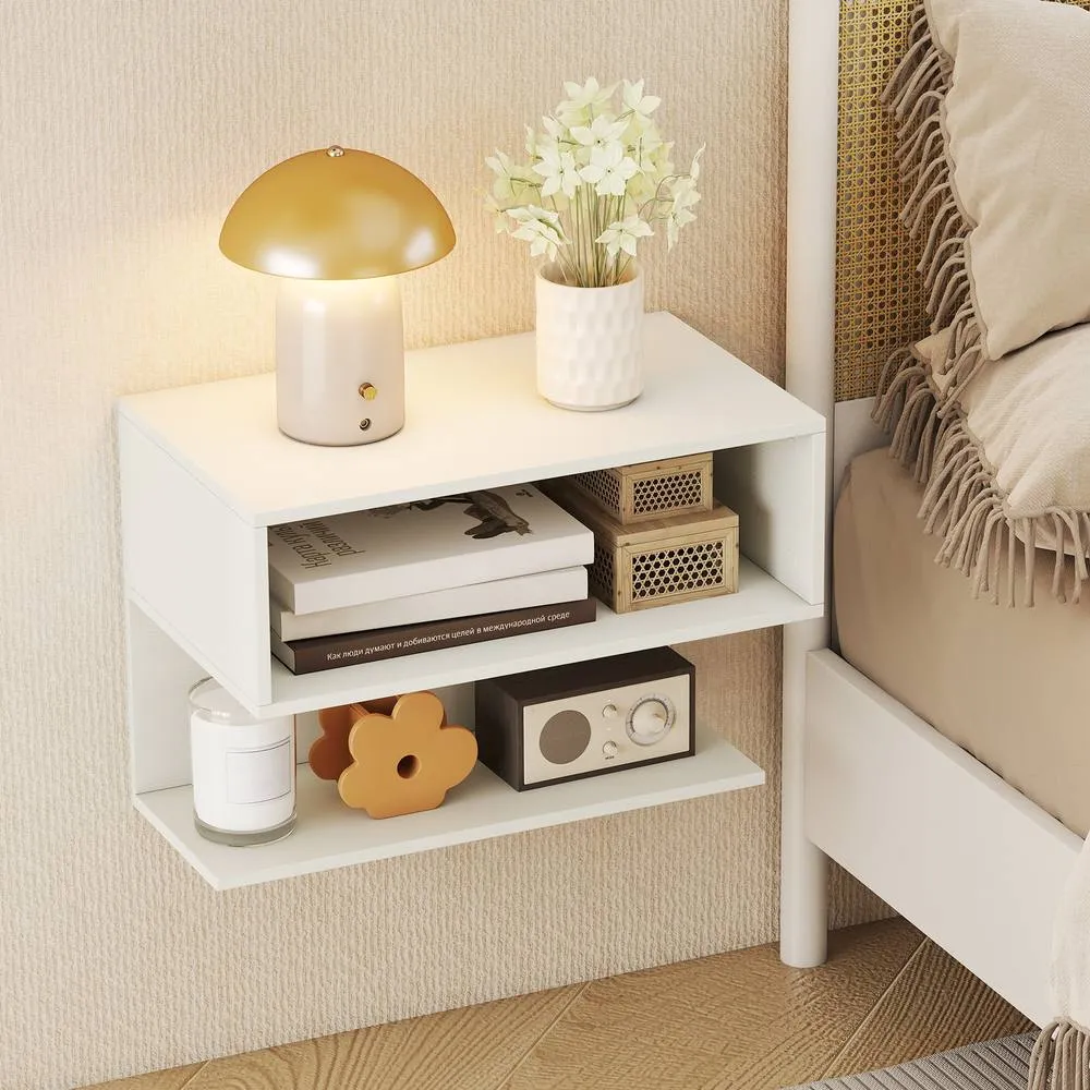 Costway Set of 2 Wall Mounted Bedside Tables Hanging Side Table in White 4