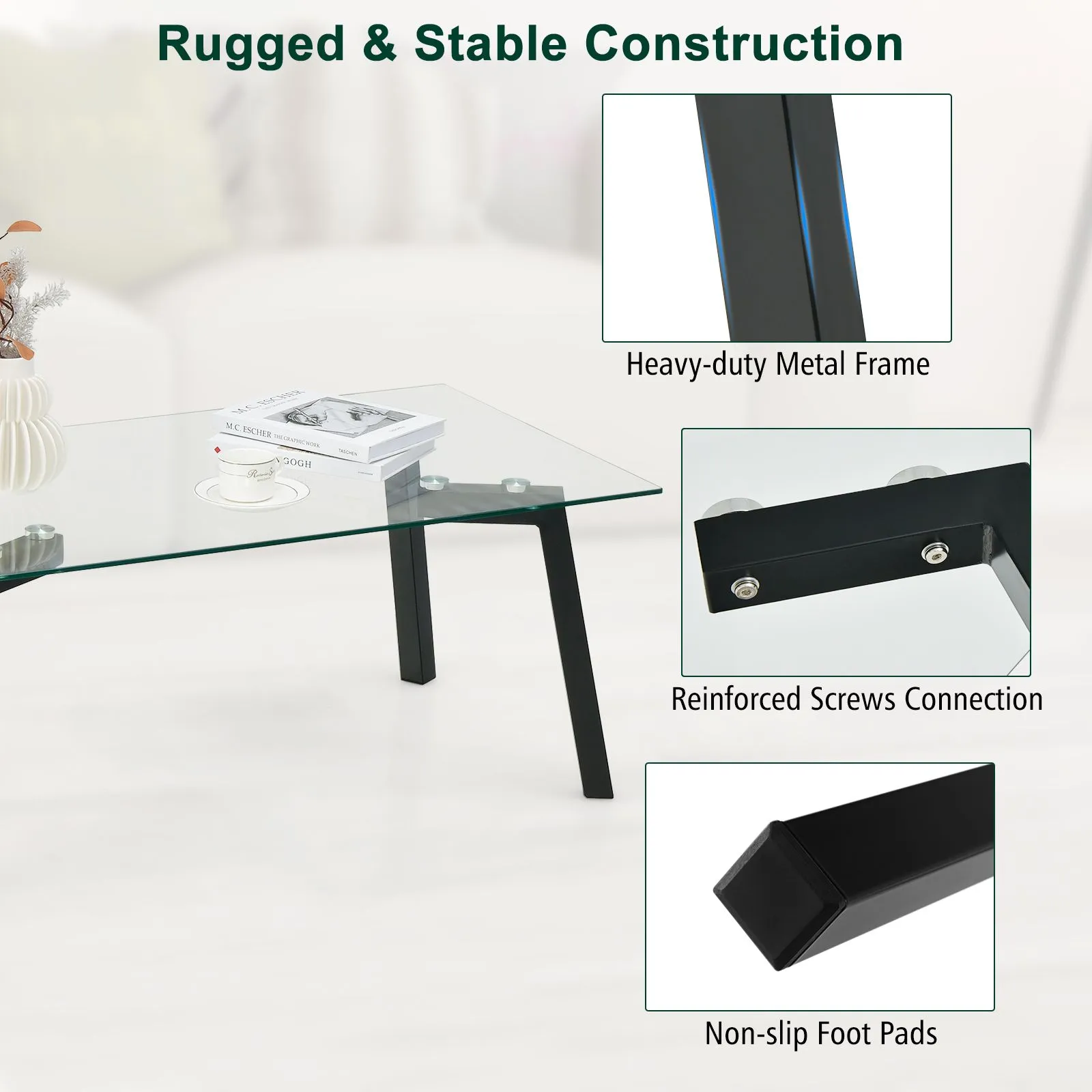 Costway Tempered Glass Coffee Table Rectangular Cocktail Snack Tea Table with Metal Leg in Clear 6