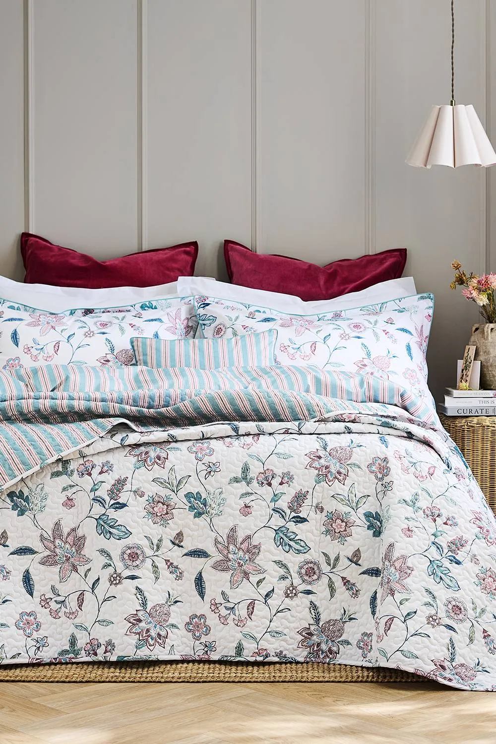 CHRISTY 'Kew' Floral Stripe Reversible Cotton Sateen Duvet Cover Set in Blue 4