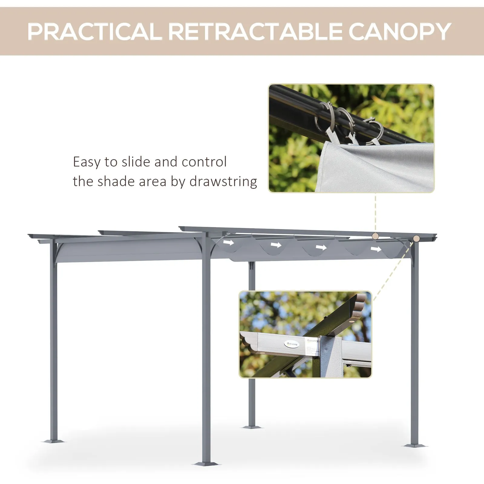 OUTSUNNY 3.5 x 3.5M Steel Pergola Gazebo Backyard Porch Awning Retractable Canopy in Grey 5